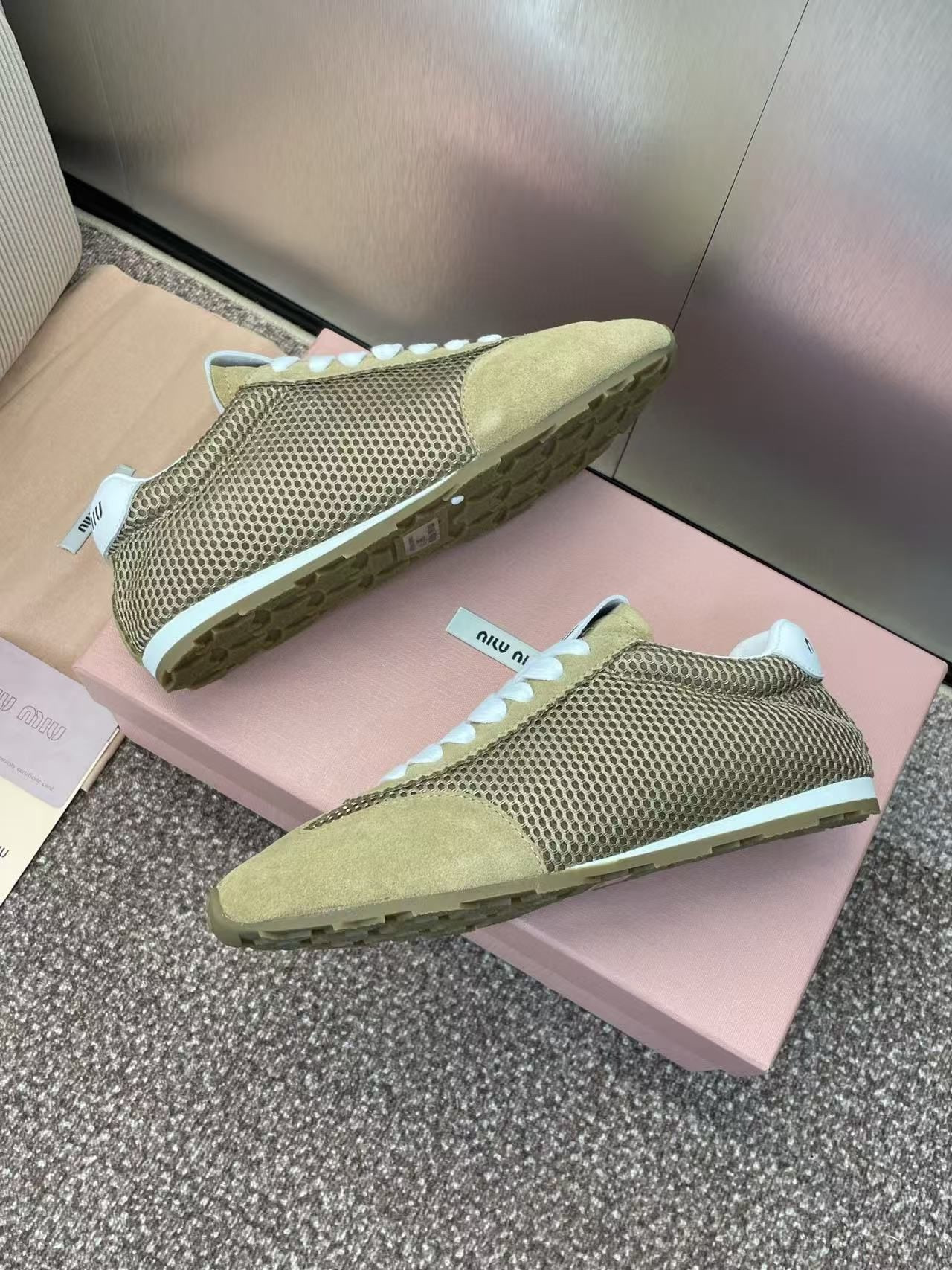 UA Miu Miu Plume mesh and suede sneakers