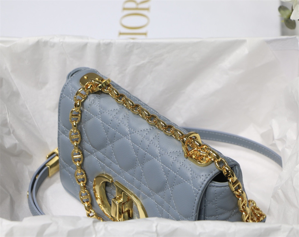 small d*or caro bag light blue S*pple cannage calfskin 20 x 12 x 7 cm