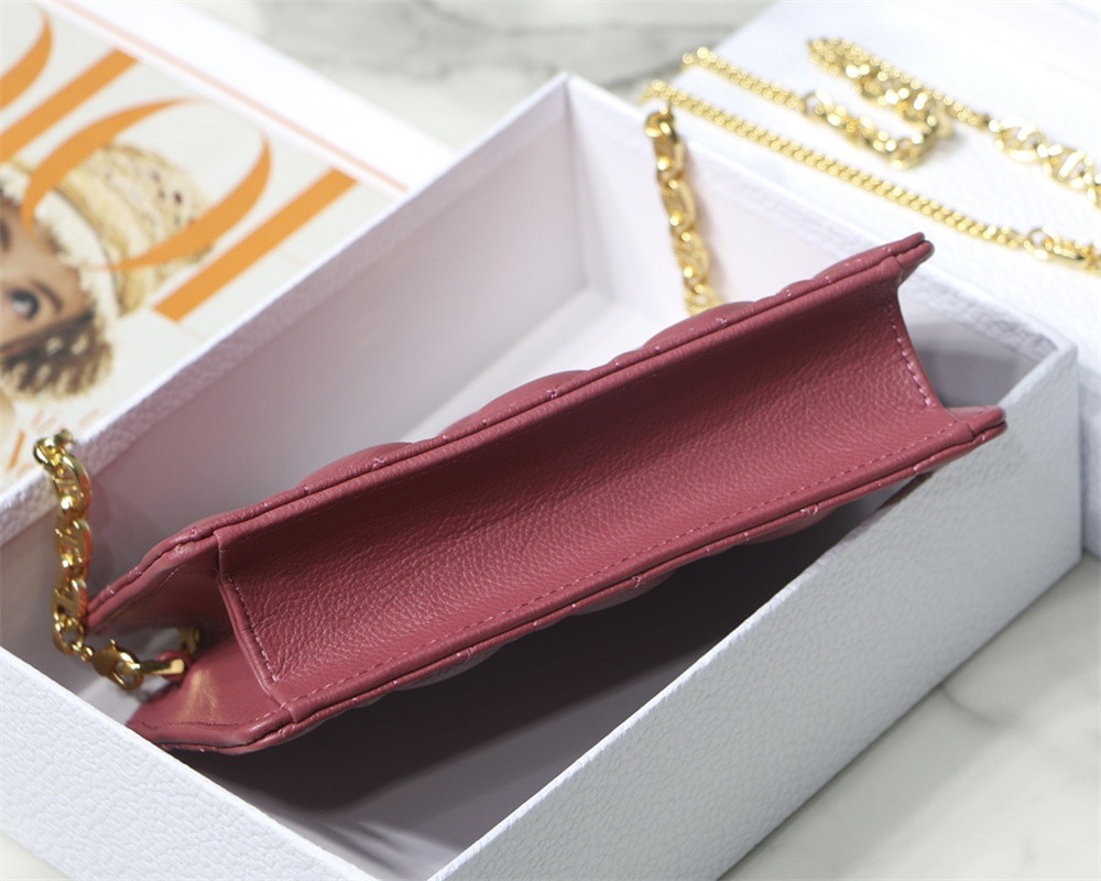 d*or caro zipped pouch with chain red S*pple cannage calfskin 19 x 14 x 4.5 cm