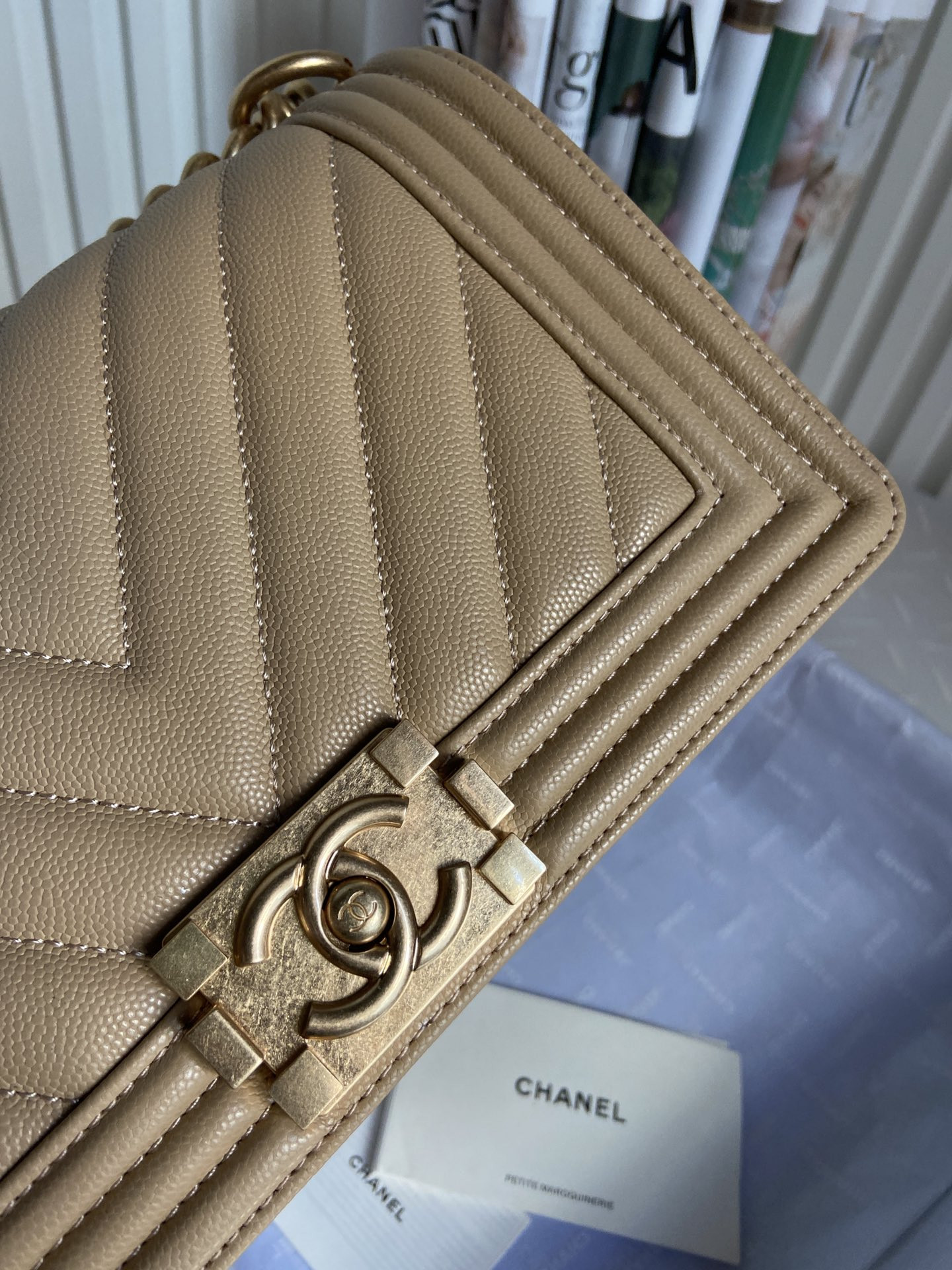 boy Ch*el handbag shiny grained calfskin brown 5.9 × 9.8 × 3.5 in