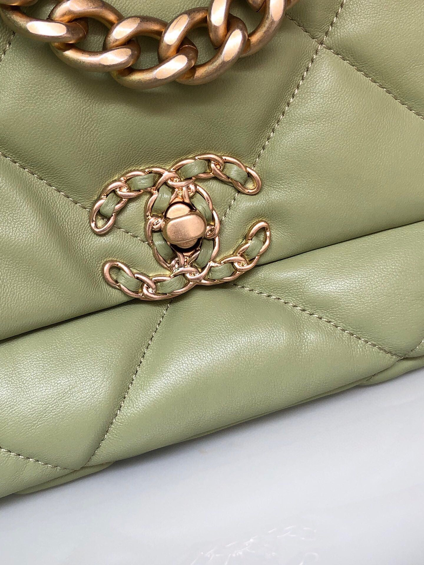 Ch*el 19 handbag shiny leather, gold-tone, silver-tone & ruthenium-finish metal light green 6.2 × 10.1 × 3.5 in