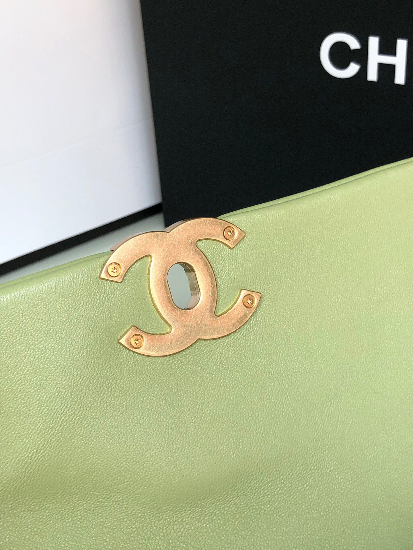 Ch*el 19 handbag shiny leather, gold-tone, silver-tone & ruthenium-finish metal light green 6.2 × 10.1 × 3.5 in