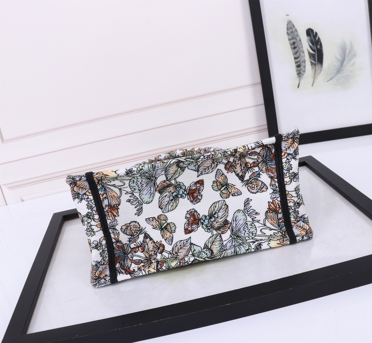 small D*or book tote white multicolor toile de jouy mexico embroidery  10.5 x 8.5 x 5.5 inches