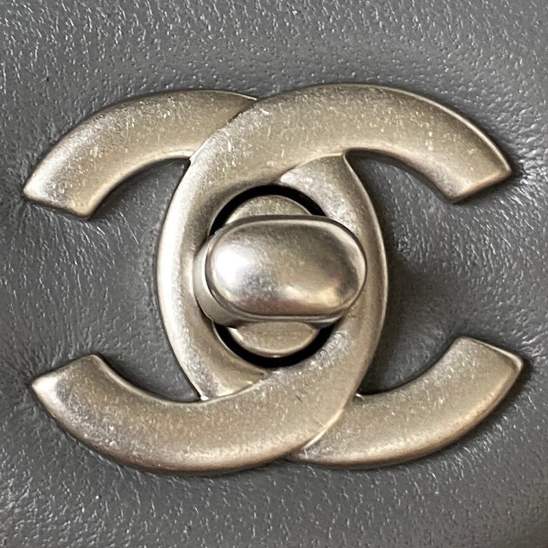 Ch*el mini flap bag shiny calfskin & silver-tone metal gray 4.7 × 7.8 × 2.3 in