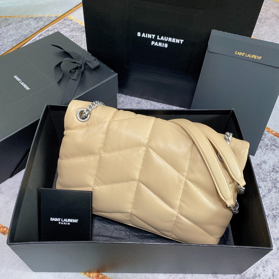 Y*L puffer small in nappa leather beige silver 11.4 x 6.6 x 4.3 inches