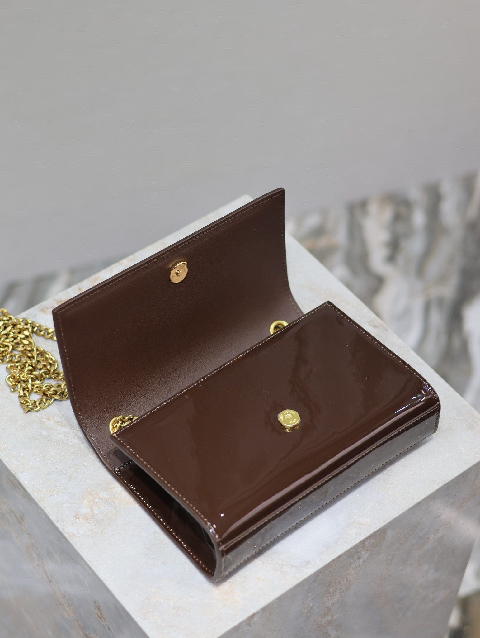 Y*L kate small in shiny leather coffee 7.8 x 4.9 x 1.9 inches