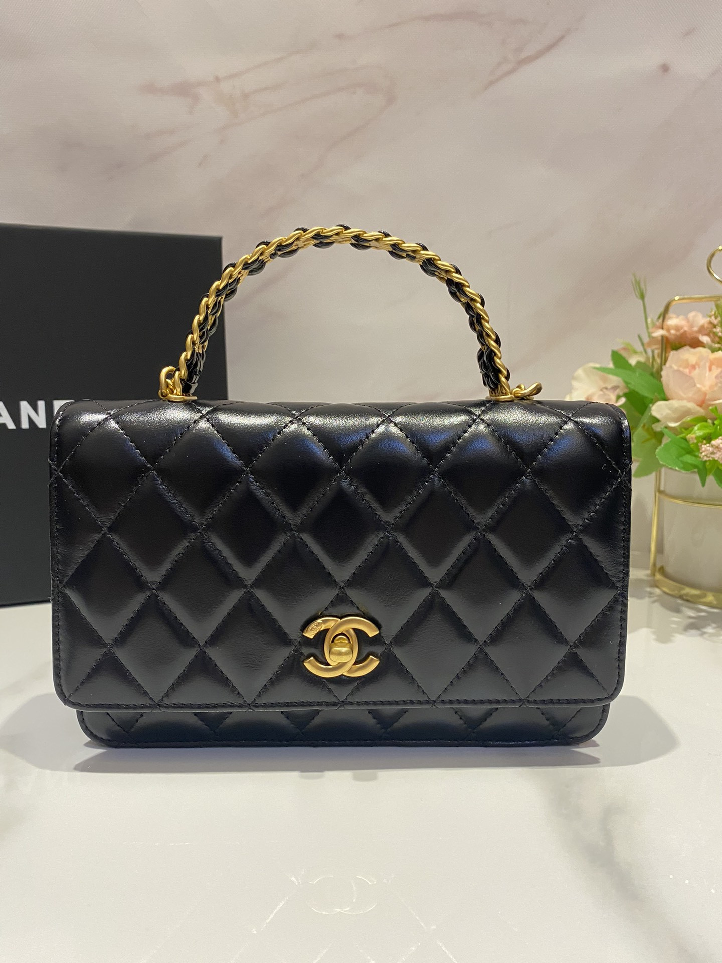 Ch*el classic wallet on chain rhinestone handle black 4.8 × 7.5 × 1.4 in