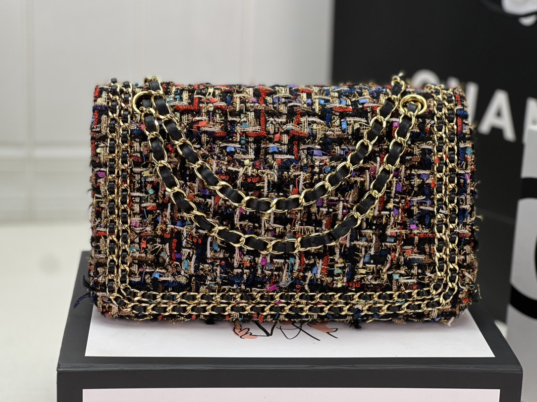 Ch*el classic 11.12 handbag tweed & gold-tone metal   6 × 9.9 × 2.5 in