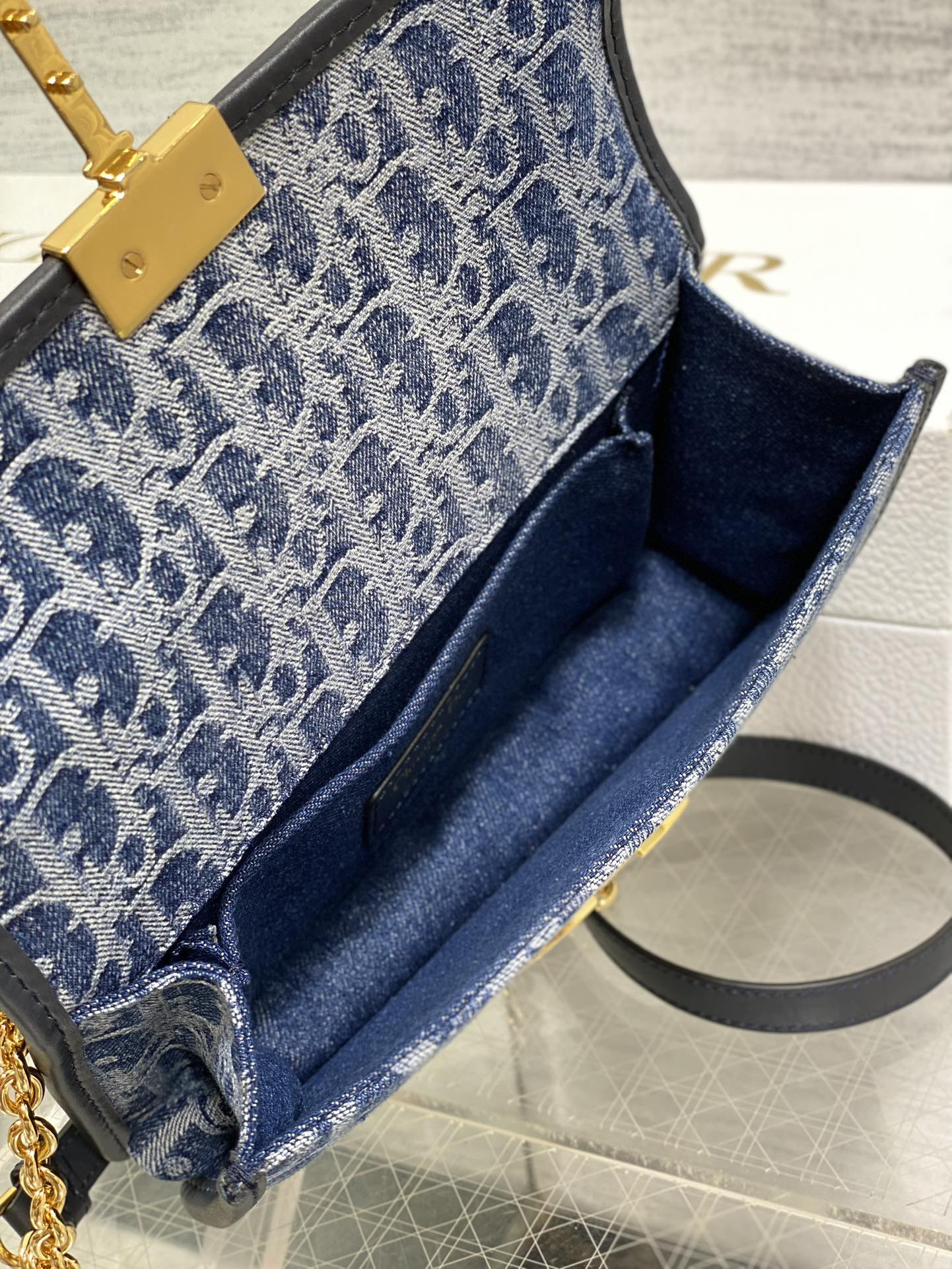 D*or 30 montaigne east-west bag with chain blue denim D*or oblique jacquard  21 x 12 x 6 cm